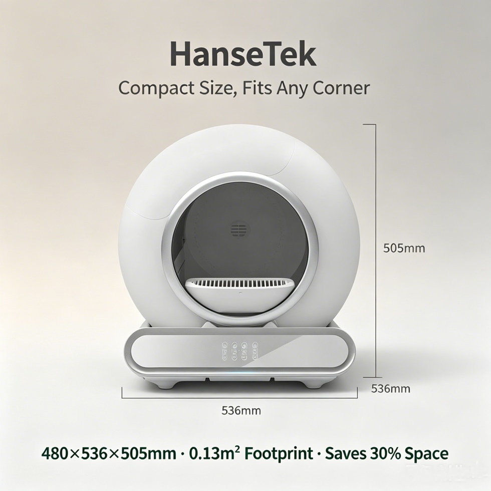 HanseTek Cat Litter Box Dimensions – Compact 480x536x505mm Design Compact HanseTek cat litter box measuring 480x536x505mm with 0.13m² footprint, saving up to 30% of home space for indoor cats