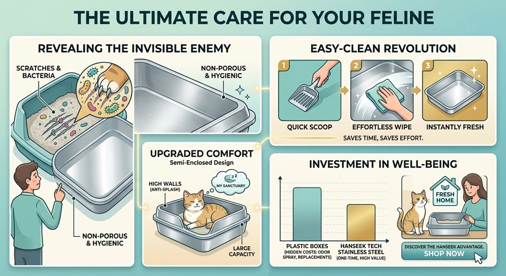 3-step easy cleaning process for stainless steel litter box 3-step easy cleaning process for stainless steel litter box: quick scoop, effortless wipe down, and instant fresh hygienic finish.