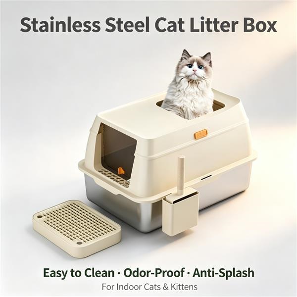 Stainless Steel Cat Litter Box Fully enclosed stainless steel cat litter box in light green with a Ragdoll cat peeking from the top, removable mesh step and scoop storage — easy to clean for indoor cats