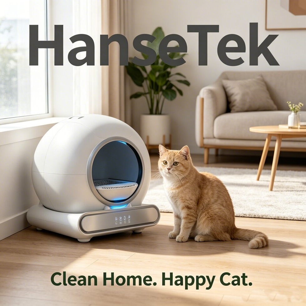 HanseTek Smart Cat Litter Box in Living Room – Clean Home, Happy Cat HanseTek 65L automatic smart cat litter box in a cozy living room with a cat relaxing beside it, keeping the home clean and odor-free