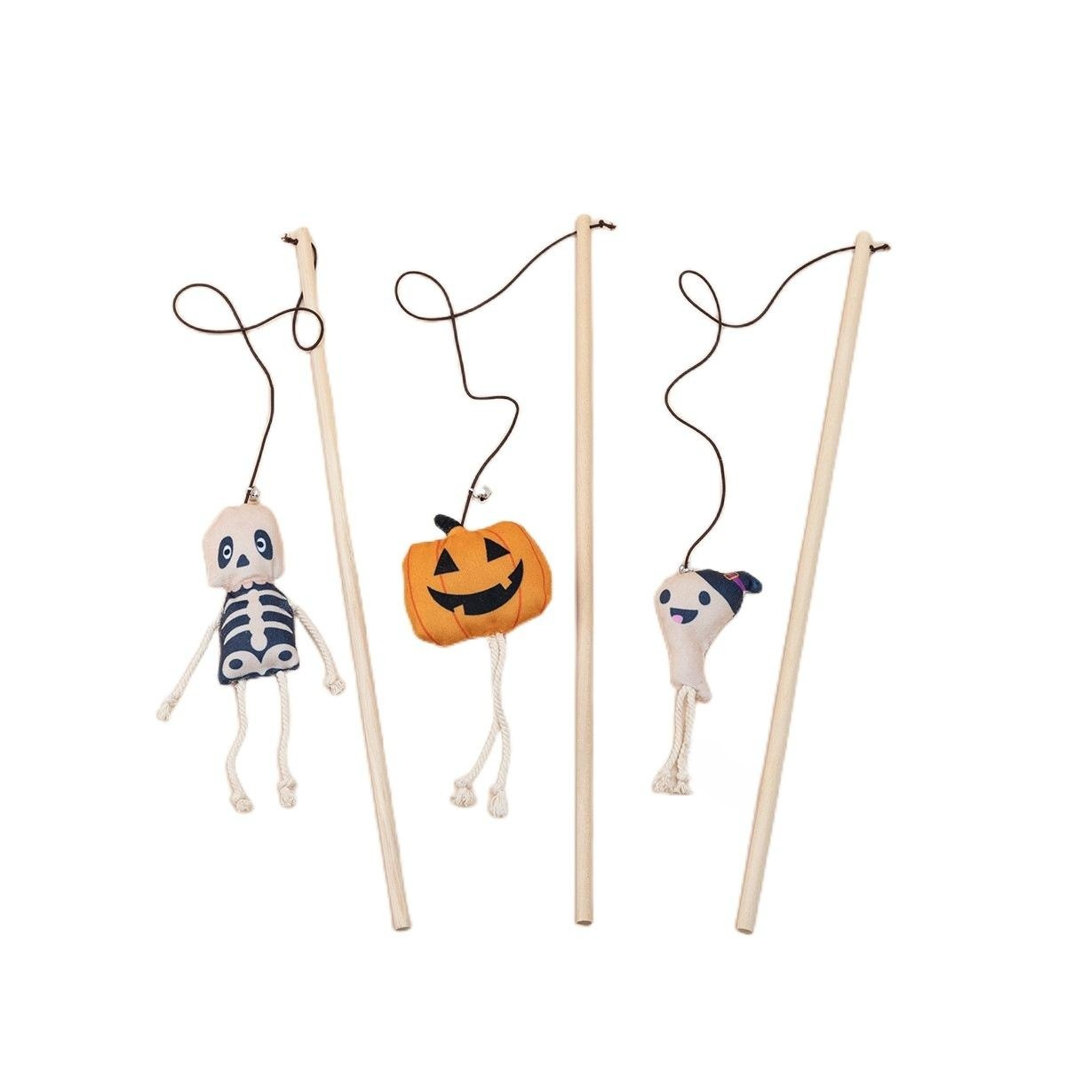 Halloween Cat Teaser Wands - Pumpkin/Skeleton/Ghost Plush Toys with Bell