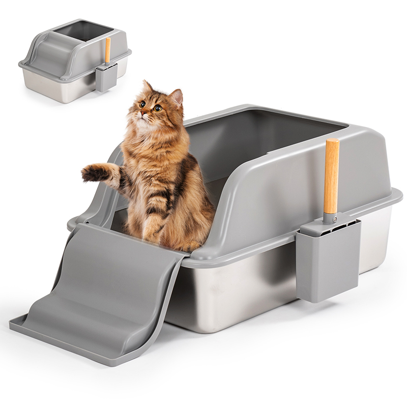 2-in-1 Stainless Steel Cat Litter Box - Ladder Pedal Oversized Easy Clean Tray