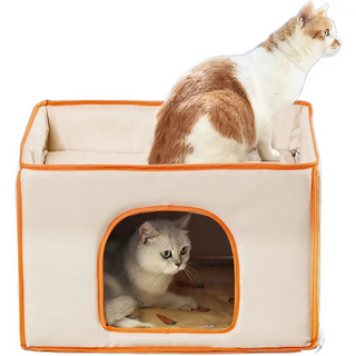 Semi-Enclosed Cat House Villa 2-in-1 Cat Bed & Scratcher Durable Lint-Free Cat Cave Pet Bed