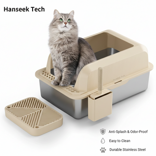 Durable Stainless Steel Cat Litter Box - Non-Stick & Odor-Free Semi-Enclosed Kitty Toilet