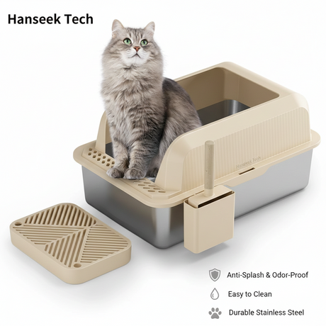 Large Semi-Enclosed Stainless Steel Cat Litter Box with High Splash Guard - Hanseek Tech Odor-Proof Pet Toilet