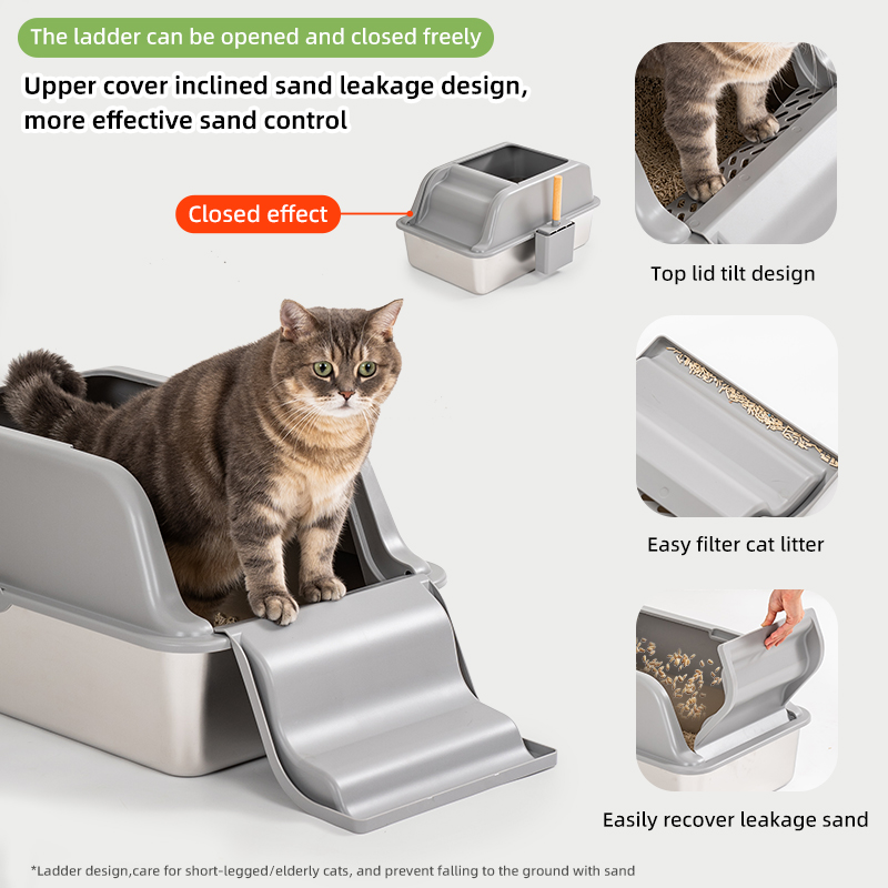 2-in-1 Stainless Steel Cat Litter Box - Ladder Pedal Oversized Easy Clean Tray