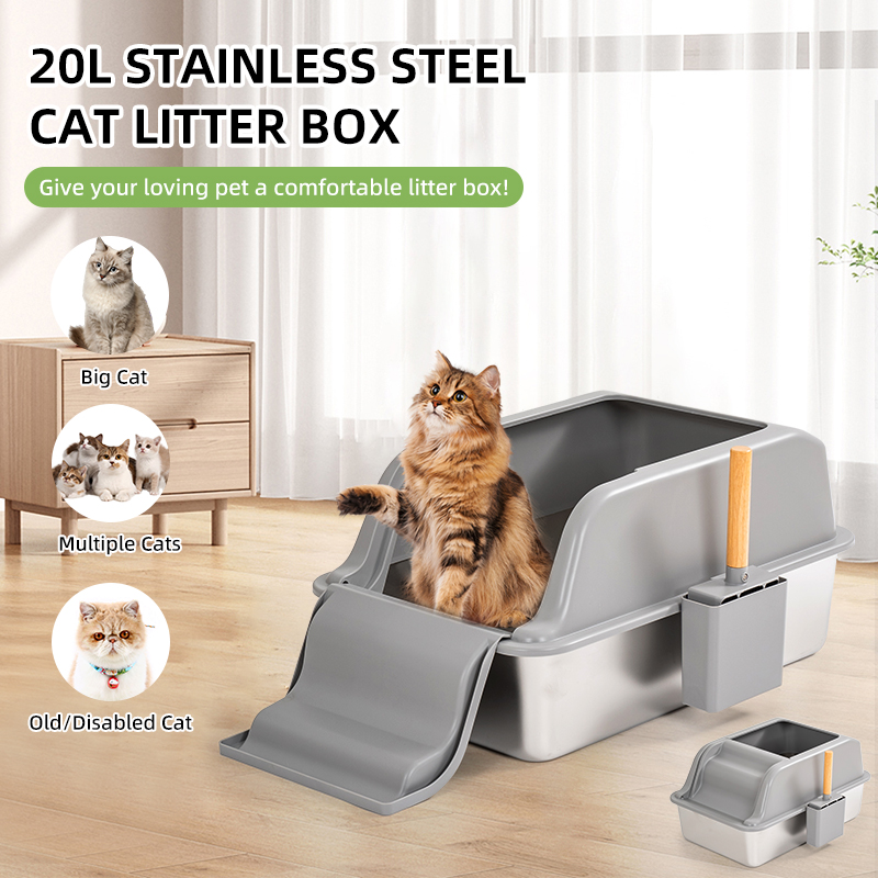 2-in-1 Stainless Steel Cat Litter Box - Ladder Pedal Oversized Easy Clean Tray
