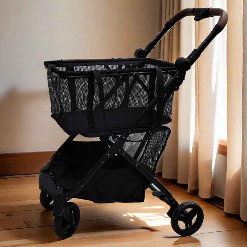 Pet Shopping Stroller Basket Lightweight One Click Foldable For Small Medium Cats Dogs Outdoor Travel Detachable Basket Safe Stable Universal Wheels