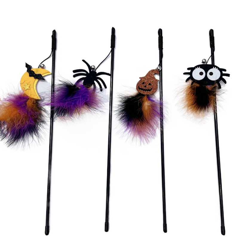 Halloween Cat Teaser Wands - Bat/Spider/Pumpkin Themed Interactive Pet Toys