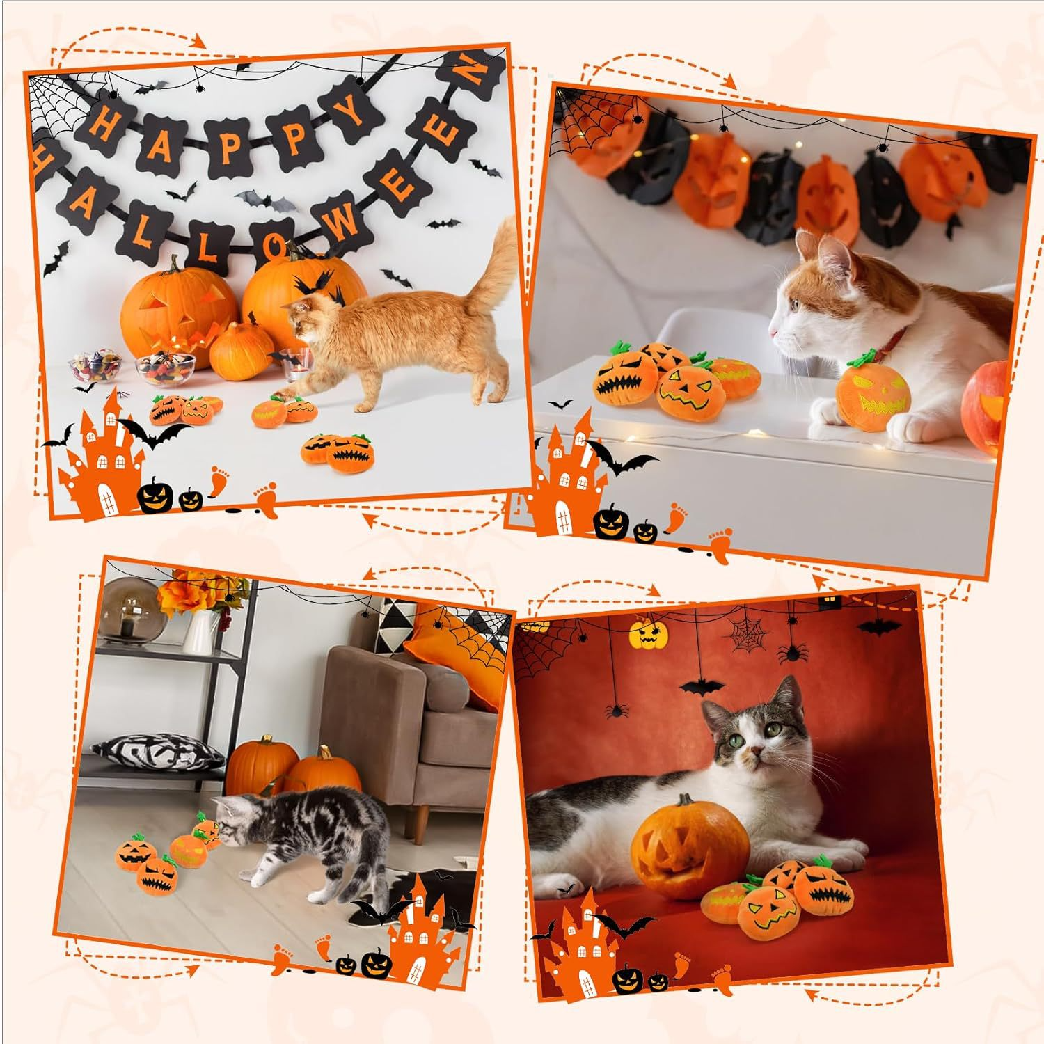 Halloween Pumpkin Ghost Cat Toys - Plush Chew Play Toys for Cats