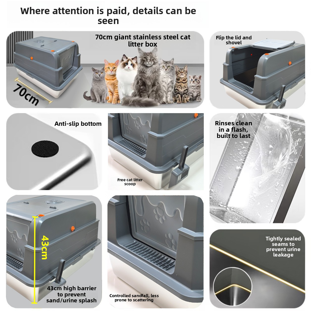 Fully Enclosed Extra Large Stainless Steel Cat Litter Box Tall Design Easy to Clean Odor-Proof Anti-Splash Cat Toilet Bulk