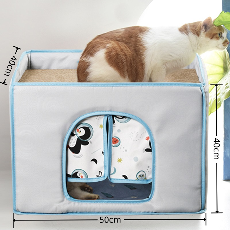 Semi-Enclosed Cat House Villa 2-in-1 Cat Bed & Scratcher Durable Lint-Free Cat Cave Pet Bed