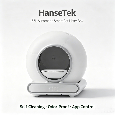 Автоматический умный туалет для кошек HanseTek 65L с самоочищающейся конструкцией, защитой от запаха и управлением через приложение, подходит для домашних кошек.