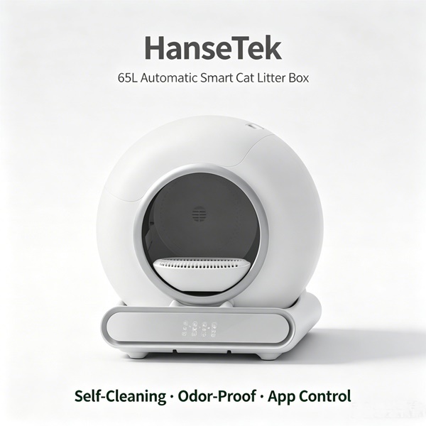 HanseTek 65L automatic smart cat litter box with self-cleaning, odor-proof design and app control, suitable for indoor cats