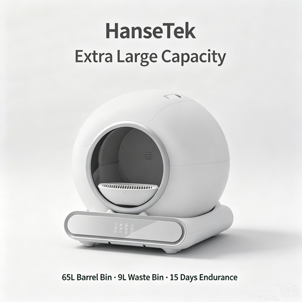 Extra large 65L cat litter box by HanseTek with 9L sealed waste bin, holding up to 15 days of waste for hands-free cleaning