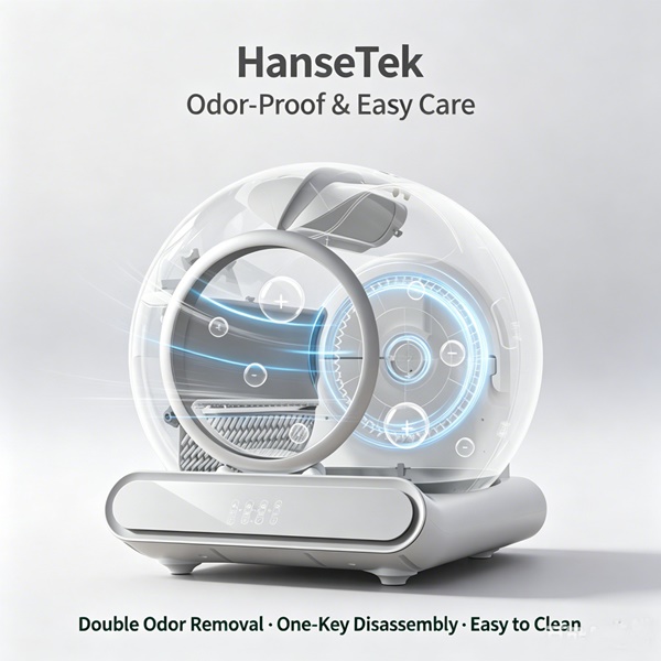 HanseTek automatic cat litter box with quadruple safety: no clamping design, sensor auto-stop and overload protection for safe, worry-free cleaning